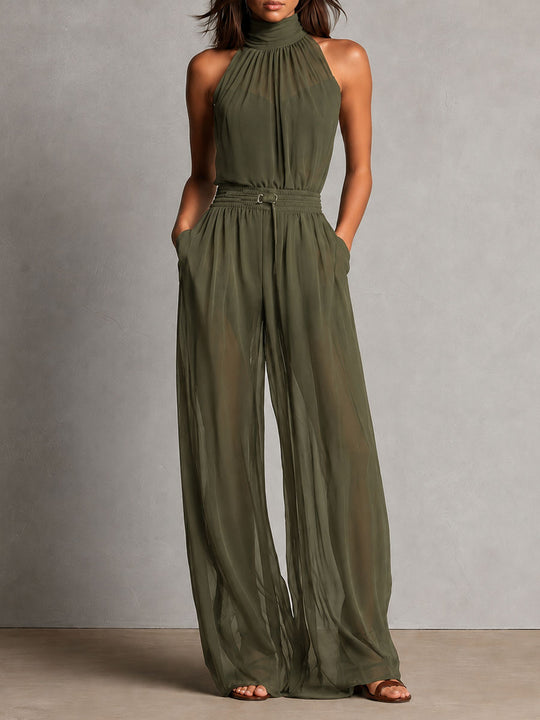 Elegant High Neck Black Sheer Halter Wide-Leg Jumpsuit