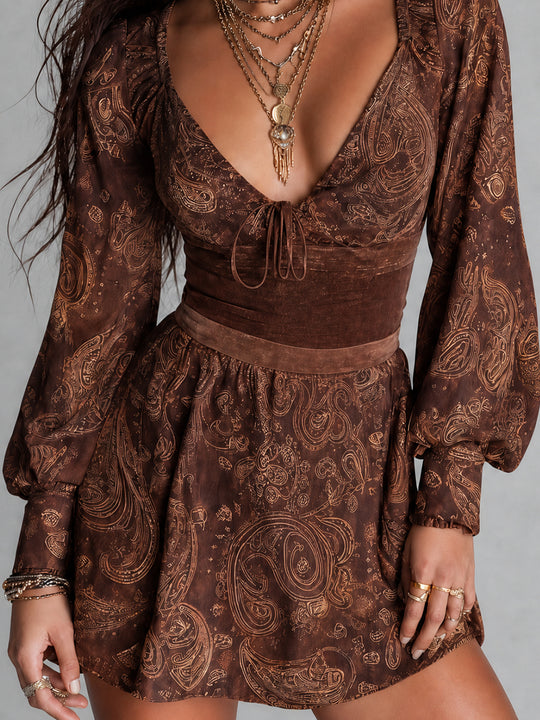 Boho-style Brown Paisley Mini Dress