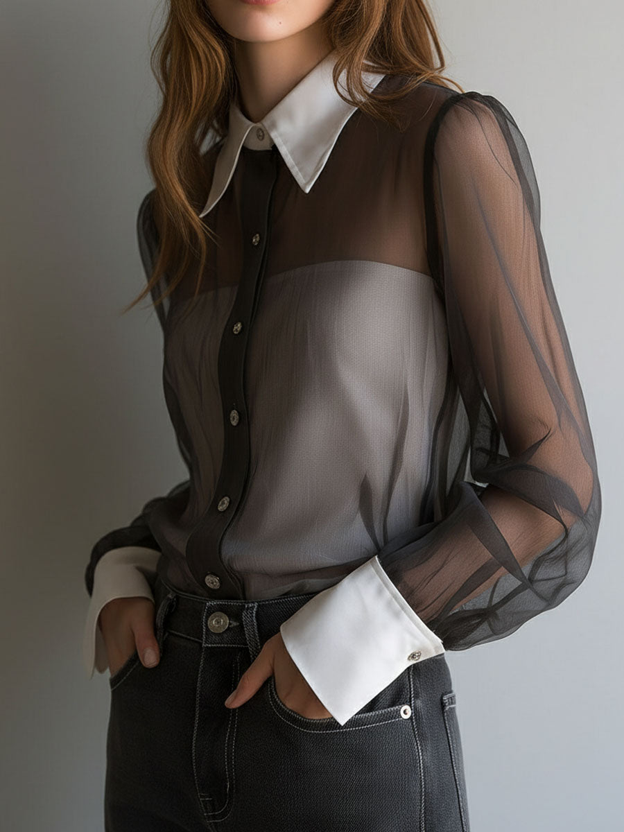 Retro Black Sheer Organza Contrast-Collar Blouse
