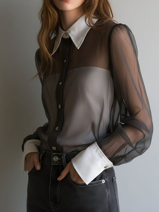 Retro Black Sheer Organza Contrast-Collar Blouse