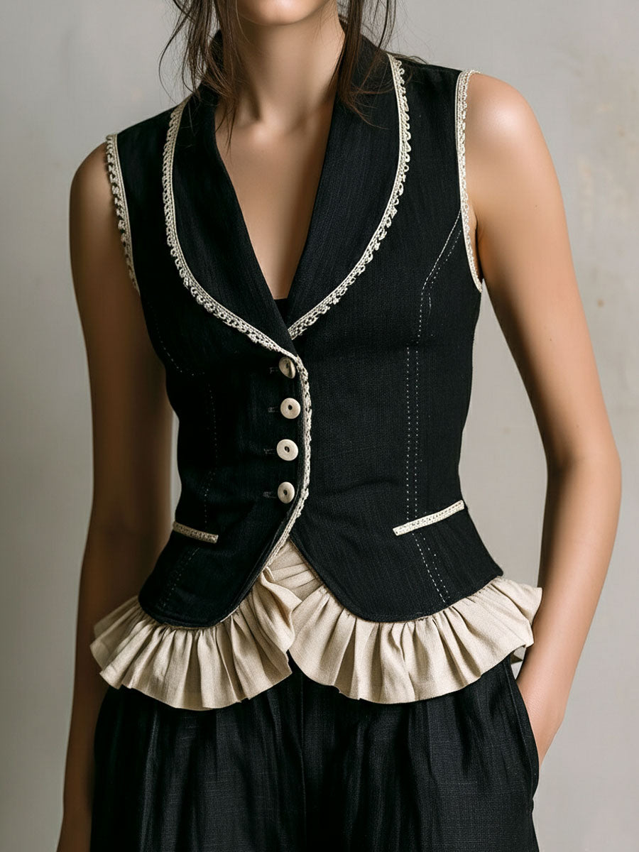 Vintage Contrast Ruffle Hem And Lace Trim Black Waistcoat