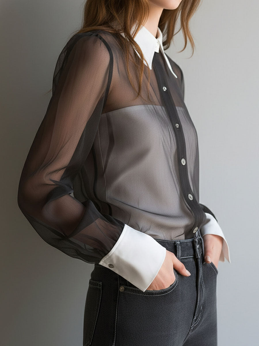 Retro Black Sheer Organza Contrast-Collar Blouse