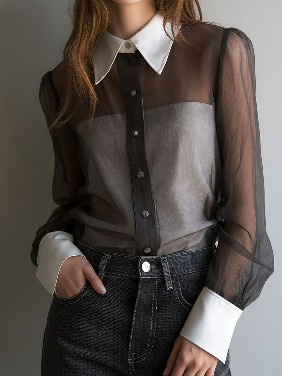 Retro Black Sheer Organza Contrast-Collar Blouse