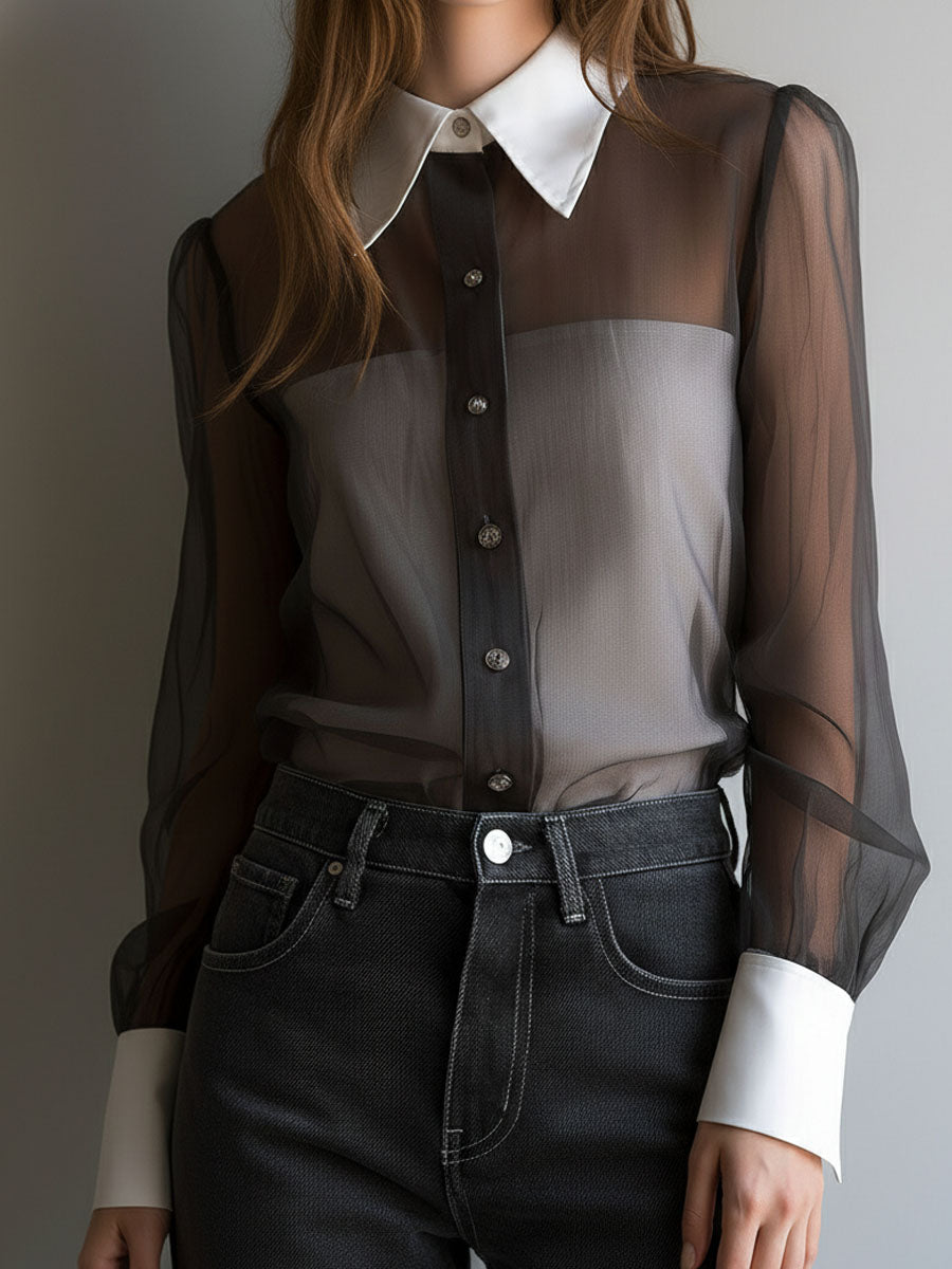 Retro Black Sheer Organza Contrast-Collar Blouse