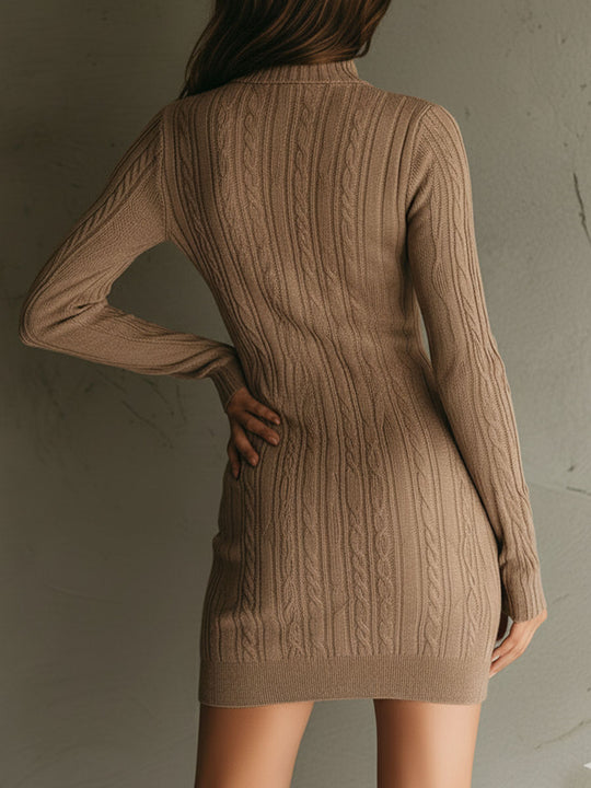 Camel Brown V-neck Half-Zip Cable Knit Sweater Dress