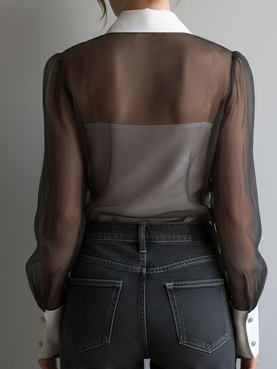 Retro Black Sheer Organza Contrast-Collar Blouse