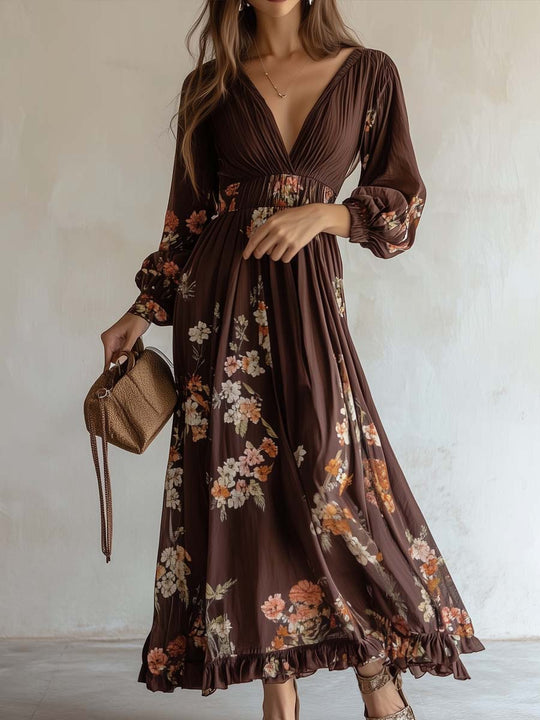 Boho Floral Printed Deep V-Neck Maxi Dress