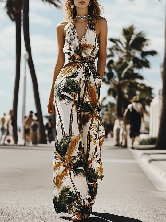 Tropical Palm Print Halter Jumpsuit