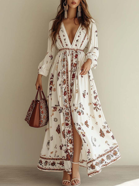 Boho Floral Deep V-Neck Maxi Dress