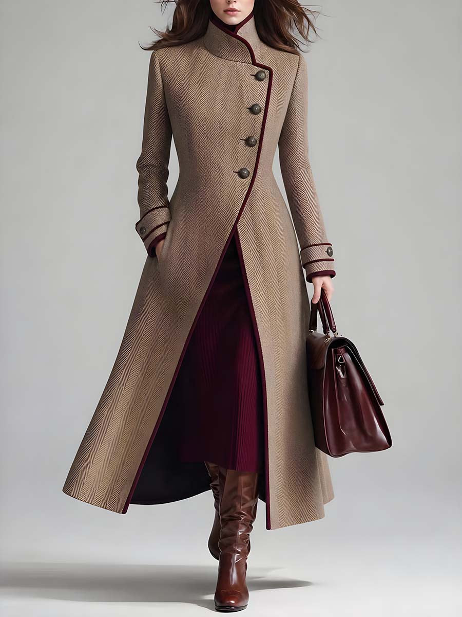 Women's Elegant Herringbone Wool Long Coat with Contrast Piping Stand Collar