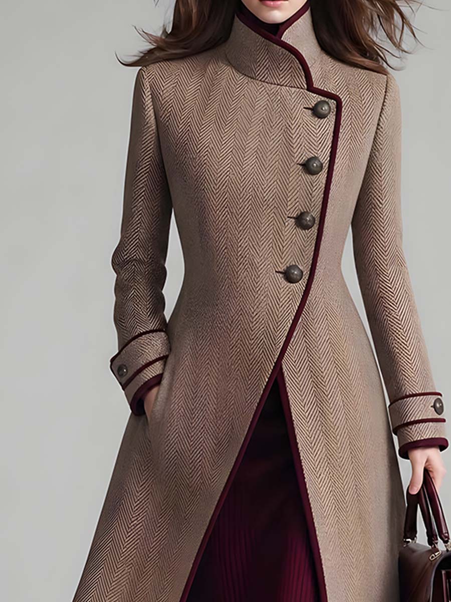 Women's Elegant Herringbone Wool Long Coat with Contrast Piping Stand Collar