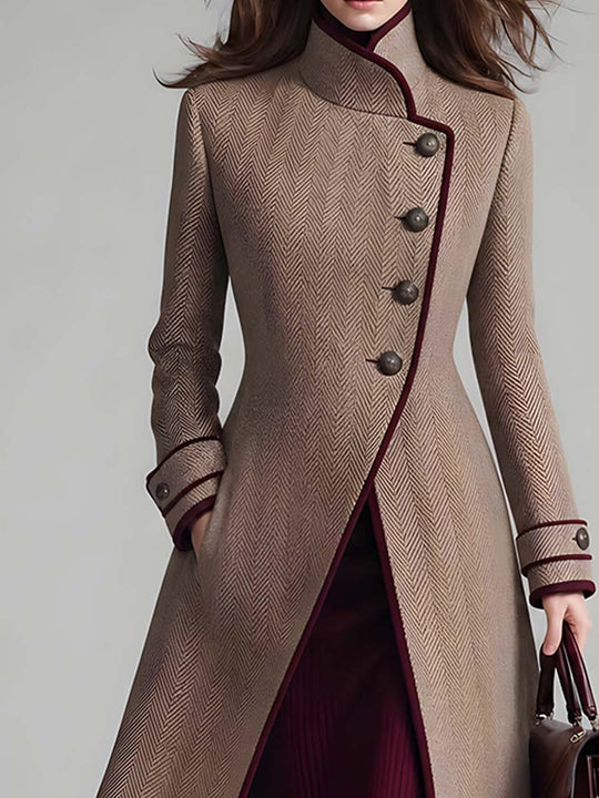 Women's Elegant Herringbone Wool Long Coat with Contrast Piping Stand Collar