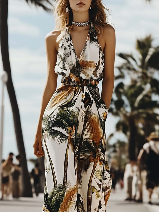 Tropical Palm Print Halter Jumpsuit