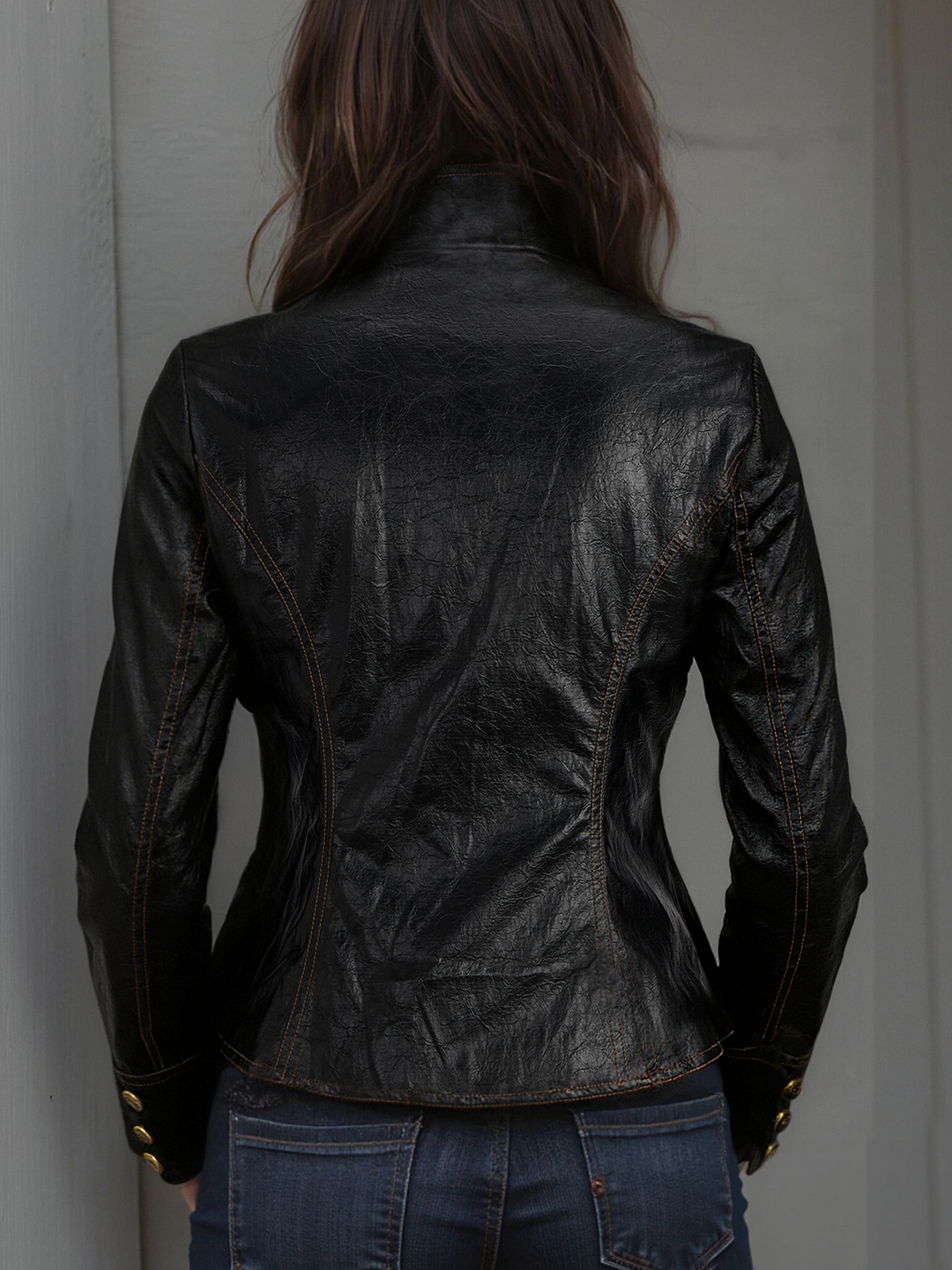 Retro Stand Collar Metal Button Pu Jacket