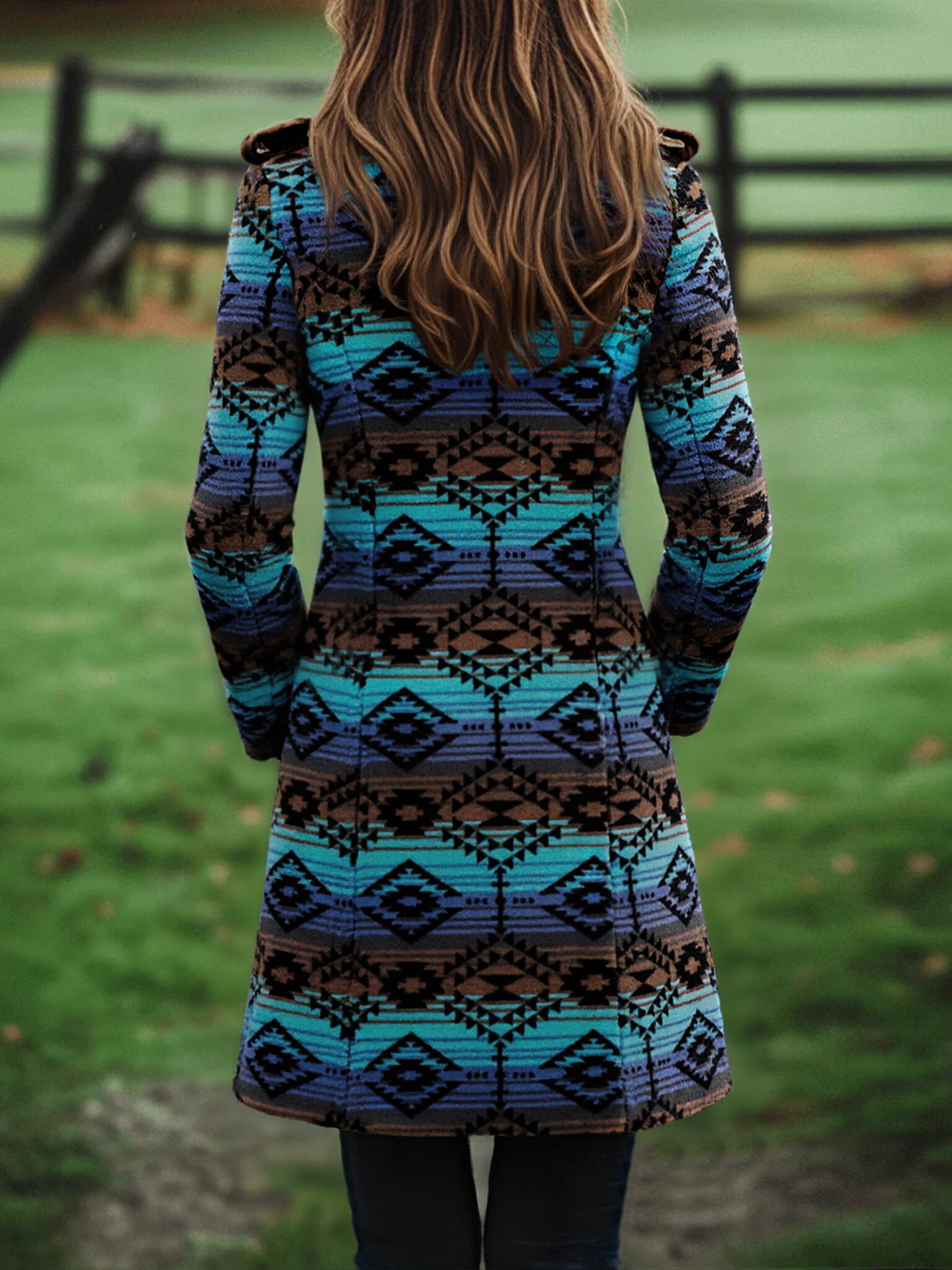 Retro Boho Longline Tribal Print Wool Long  Coat