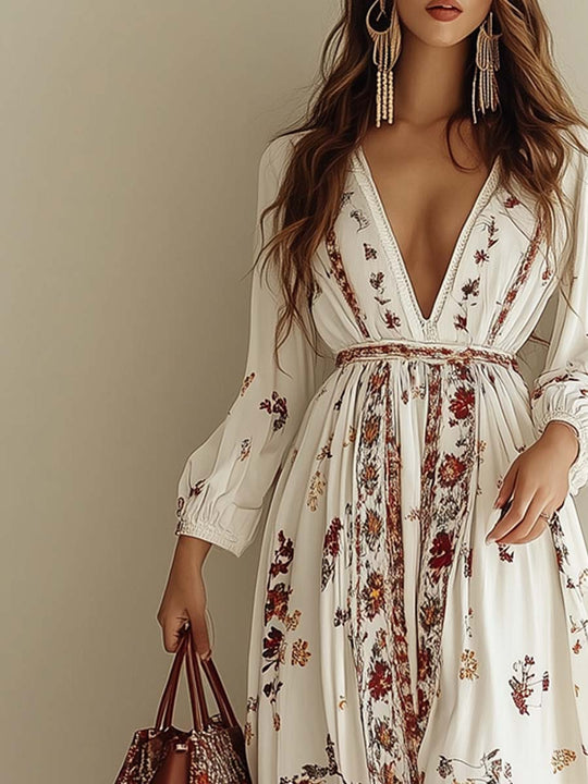 Boho Floral Deep V-Neck Maxi Dress