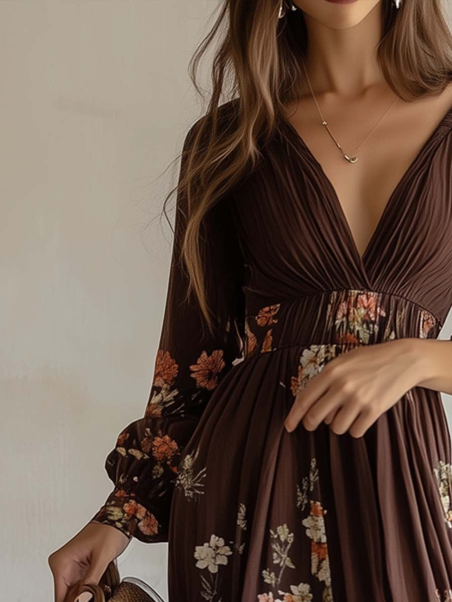 Boho Floral Printed Deep V-Neck Maxi Dress