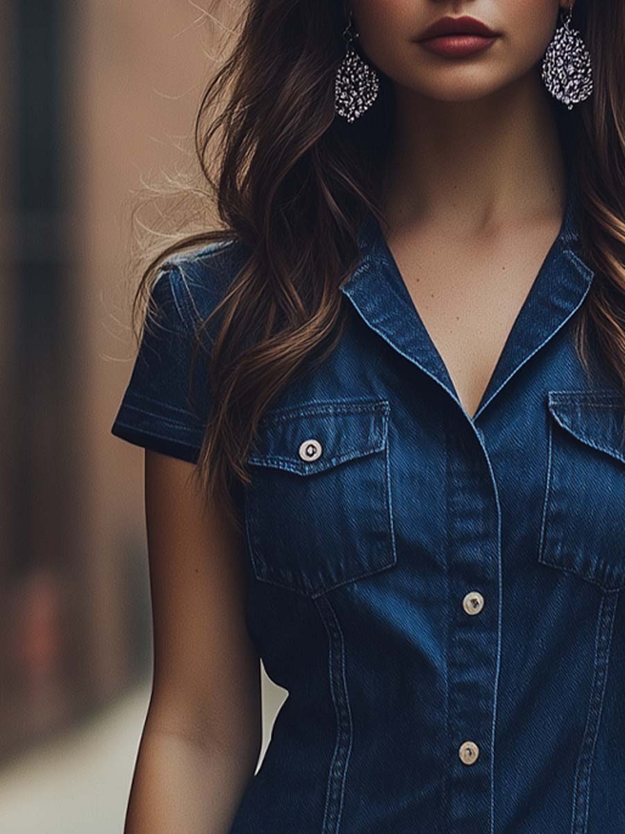 Vintage Button-Up Leisure Denim Shirt Dress