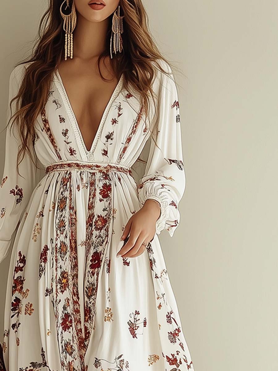 Boho Floral Deep V-Neck Maxi Dress