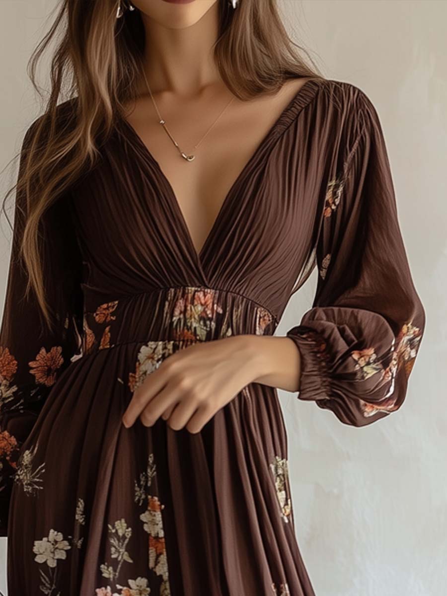 Boho Floral Printed Deep V-Neck Maxi Dress