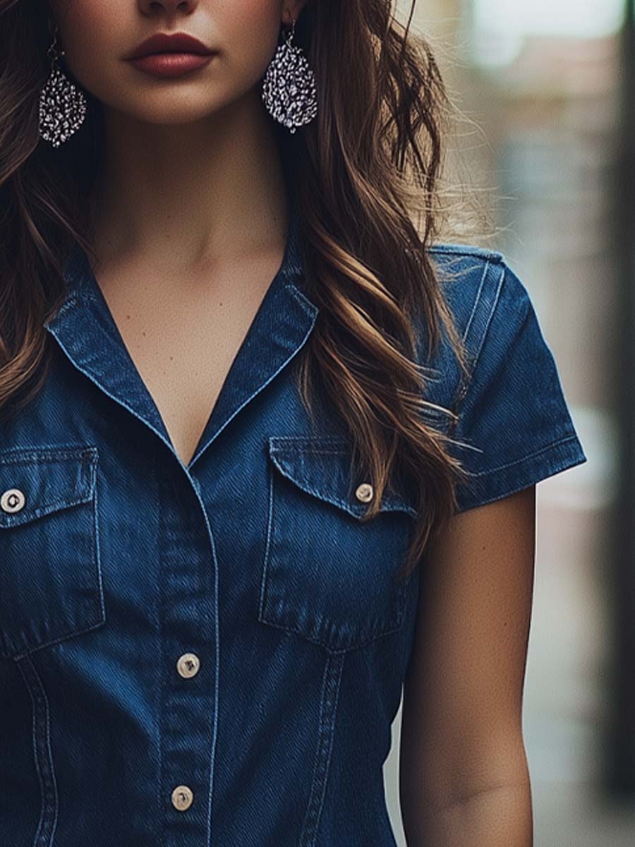 Vintage Button-Up Leisure Denim Shirt Dress