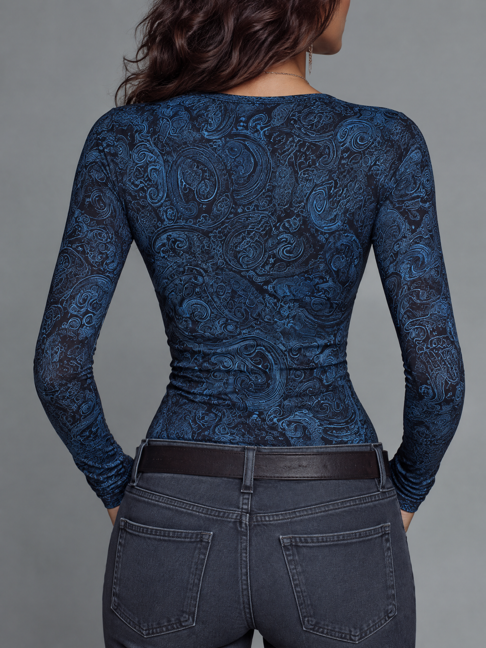 Bohemian Navy Paisley Lace-Up Long Sleeve Top