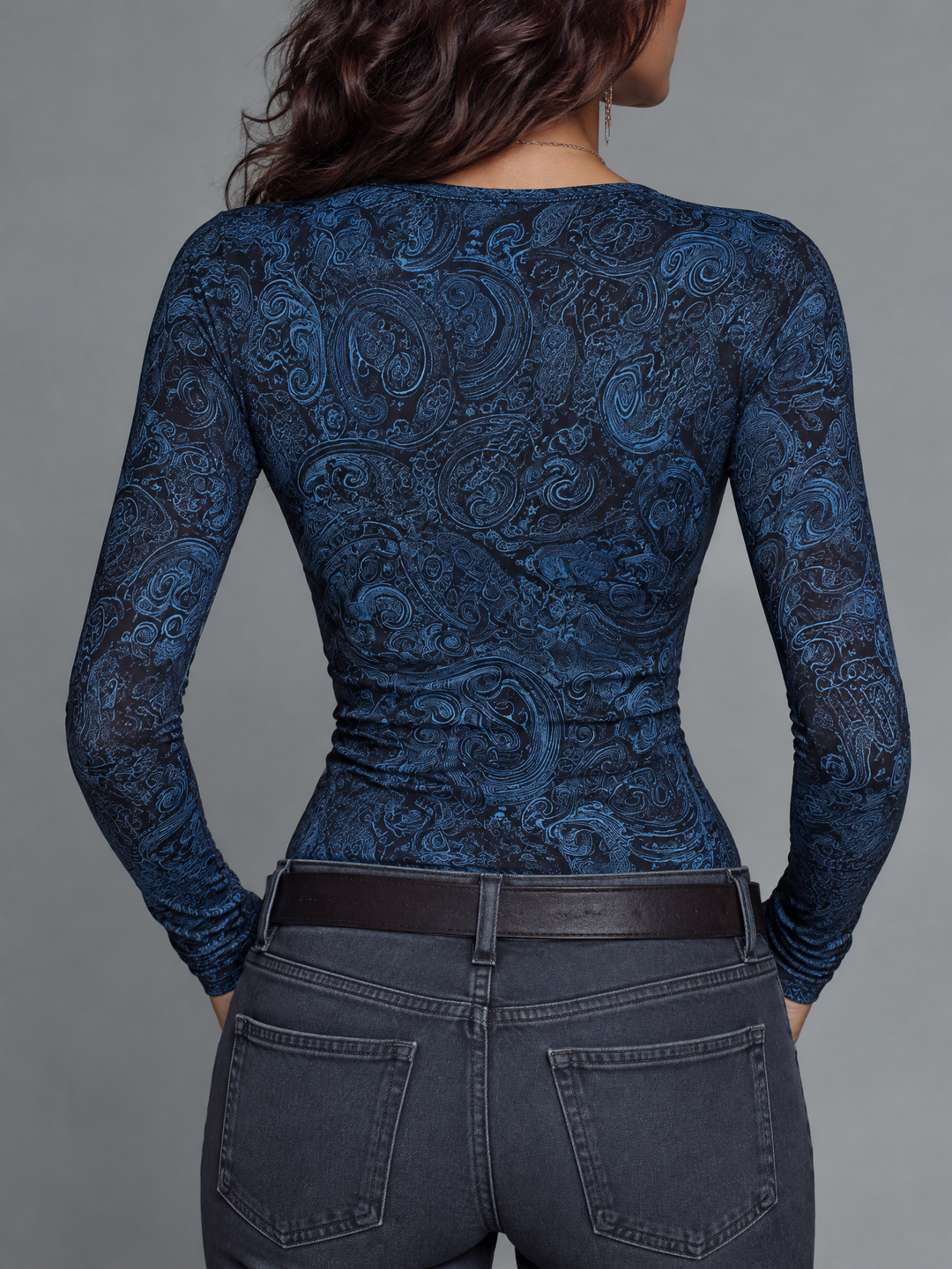 Bohemian Navy Paisley Lace-Up Long Sleeve Top