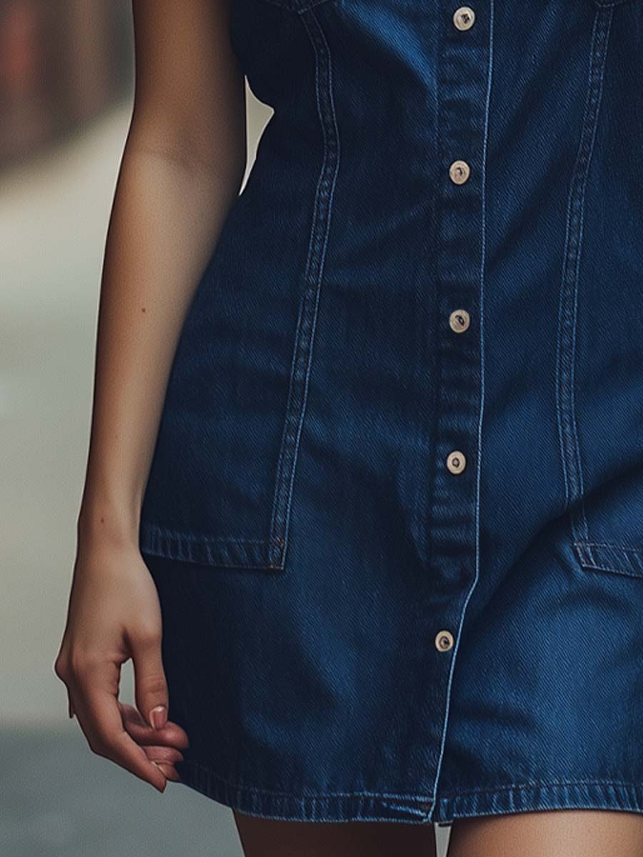 Vintage Button-Up Leisure Denim Shirt Dress