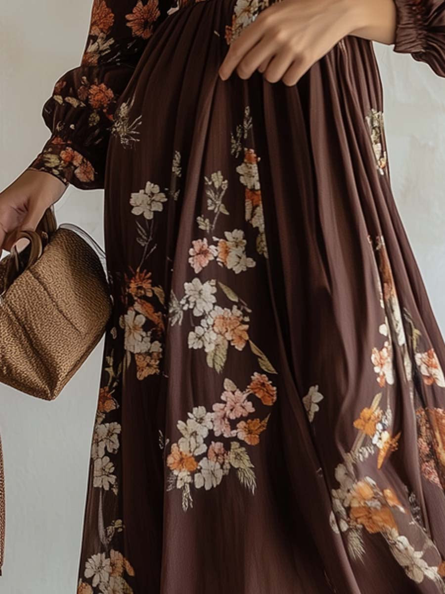 Boho Floral Printed Deep V-Neck Maxi Dress