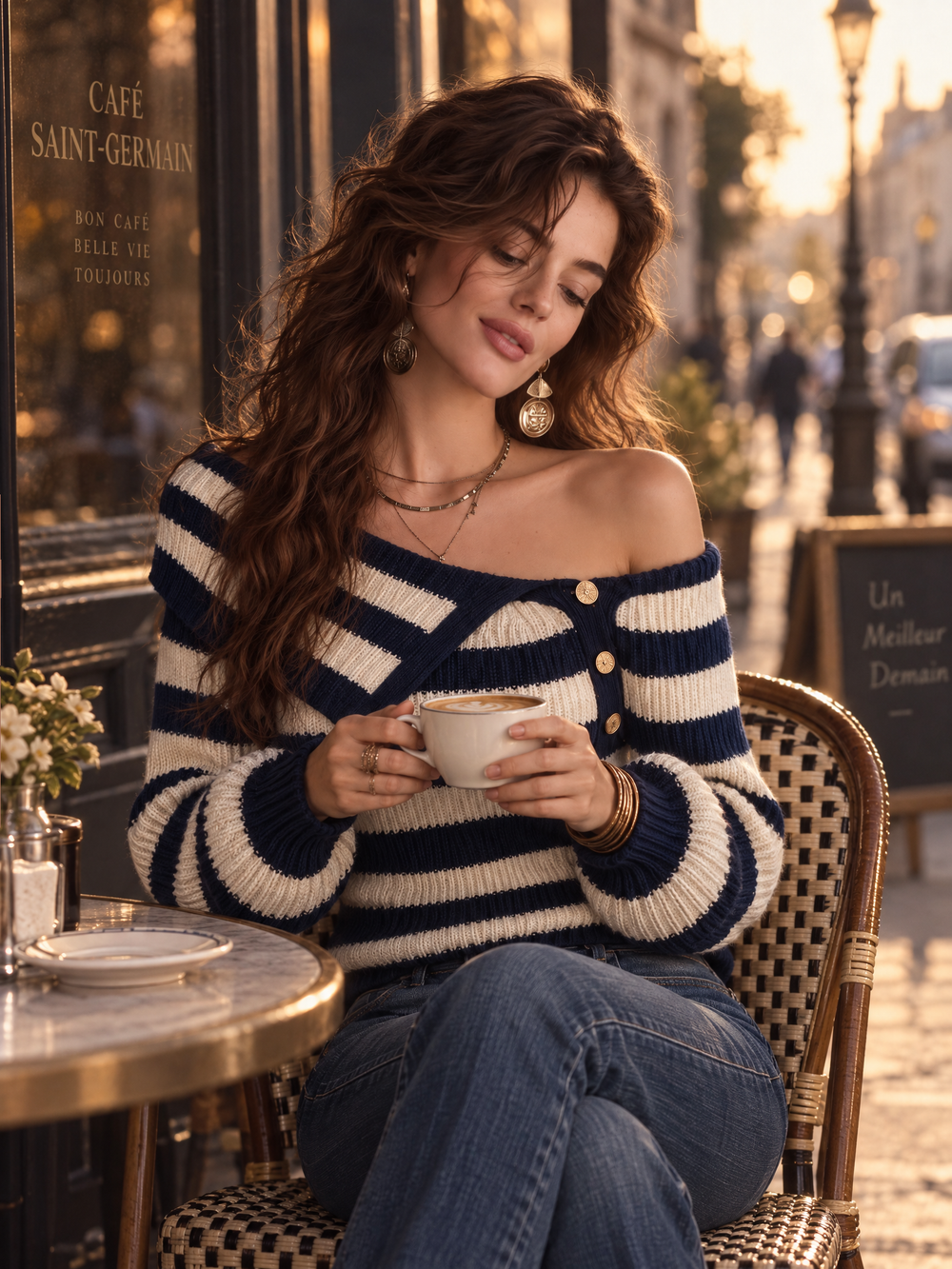 Casual Navy Striped Off-Shoulder Knit Sweater