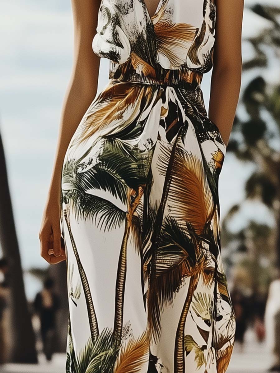 Tropical Palm Print Halter Jumpsuit