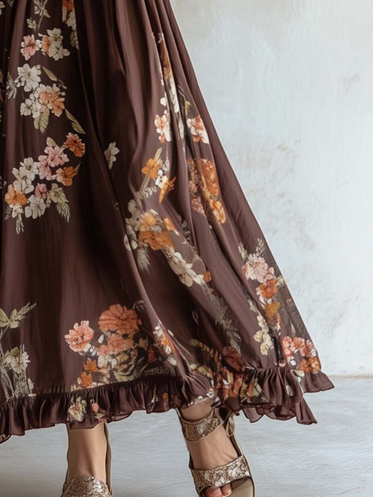 Boho Floral Printed Deep V-Neck Maxi Dress