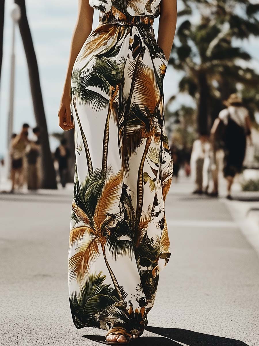 Tropical Palm Print Halter Jumpsuit