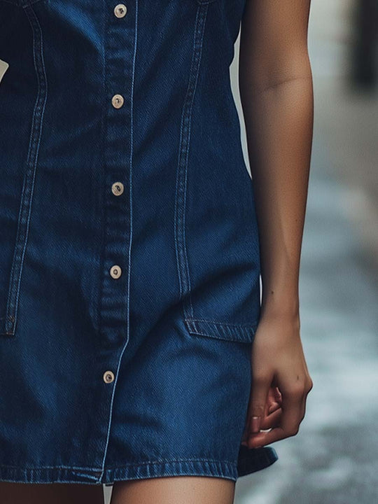 Vintage Button-Up Leisure Denim Shirt Dress