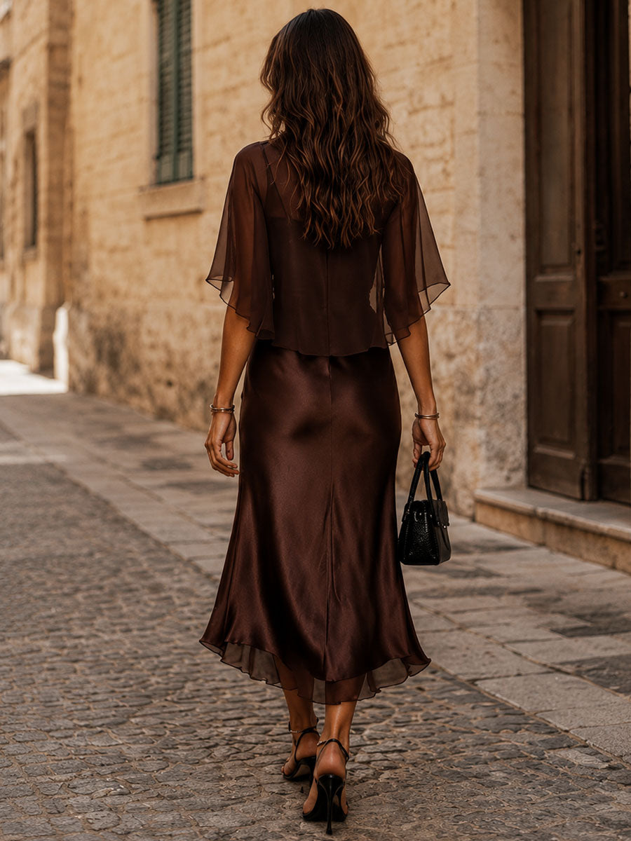 Retro Elegant Chocolate Brown Sheer Chiffon Overlay & Satin Midi Dress Set