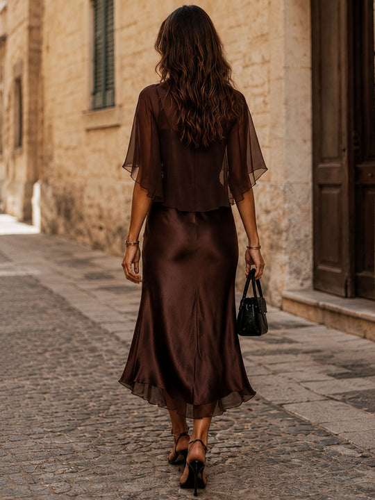 Retro Elegant Chocolate Brown Sheer Chiffon Overlay & Satin Midi Dress Set
