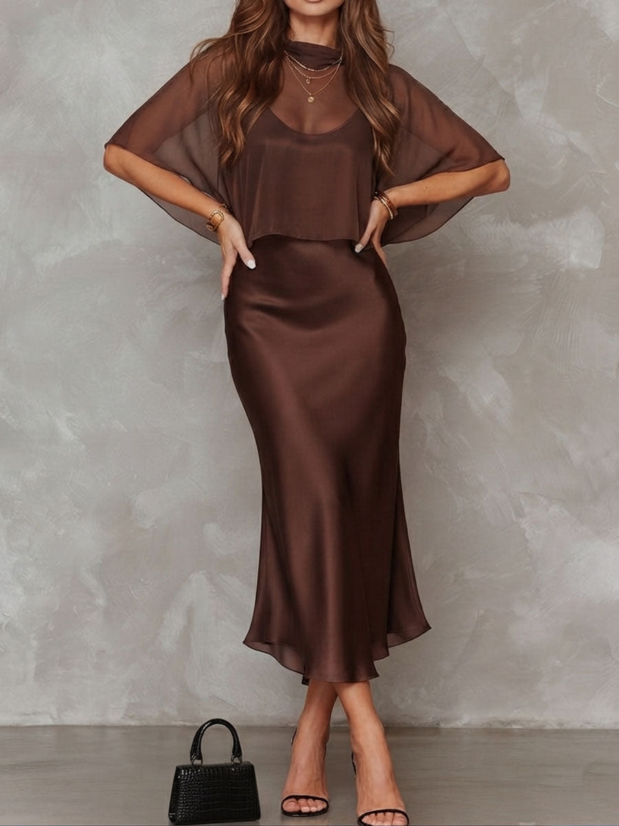 Retro Elegant Chocolate Brown Sheer Chiffon Overlay & Satin Midi Dress Set