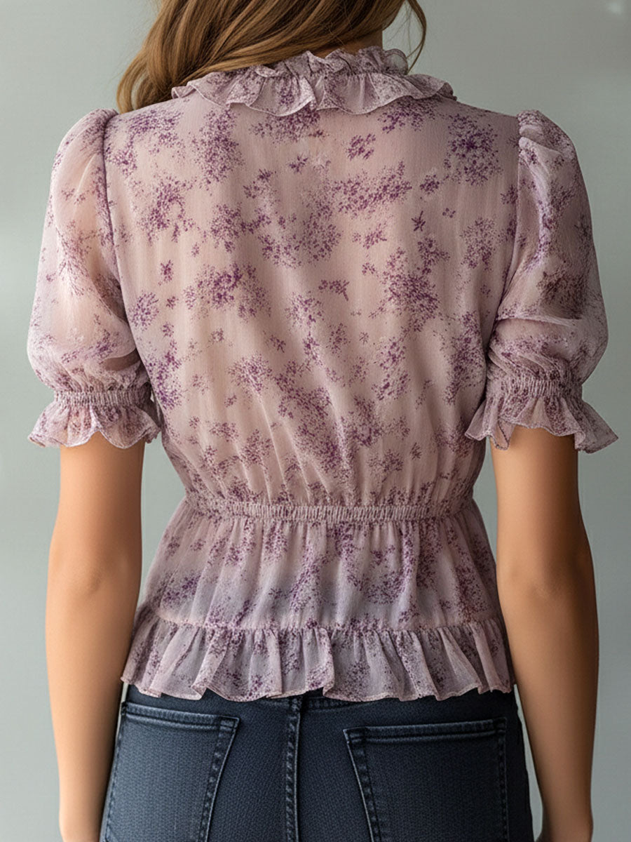 Romantic Lavender Puff Sleeve Ruffled Floral Chiffon Blouse