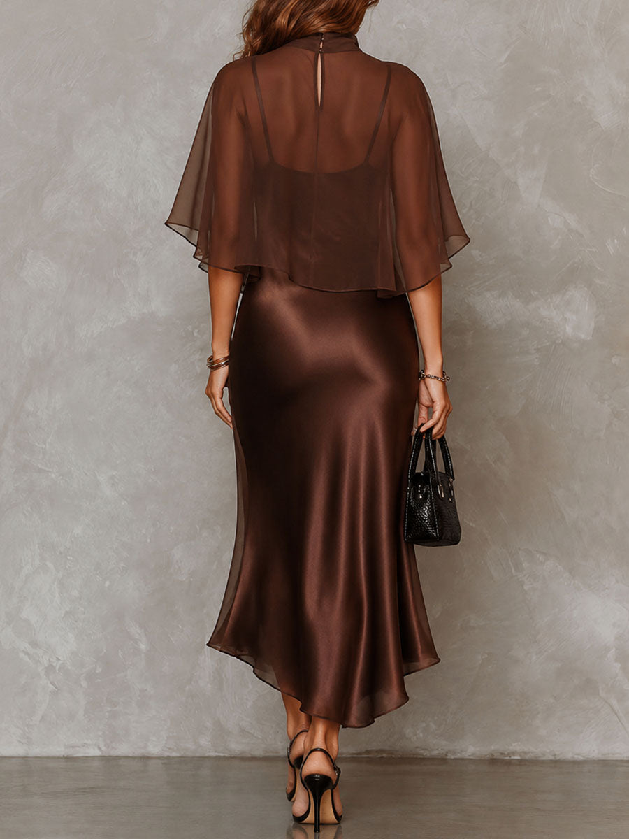 Retro Elegant Chocolate Brown Sheer Chiffon Overlay & Satin Midi Dress Set