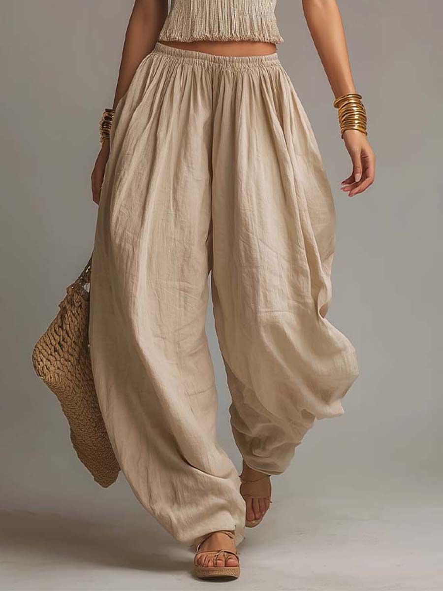 Bohemian Cotton-Linen Halter Smocked Crop Top & Harem Pants Two-Piece Set