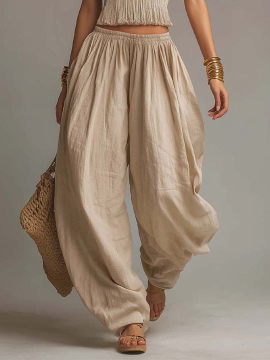 Bohemian Cotton-Linen Halter Smocked Crop Top & Harem Pants Two-Piece Set