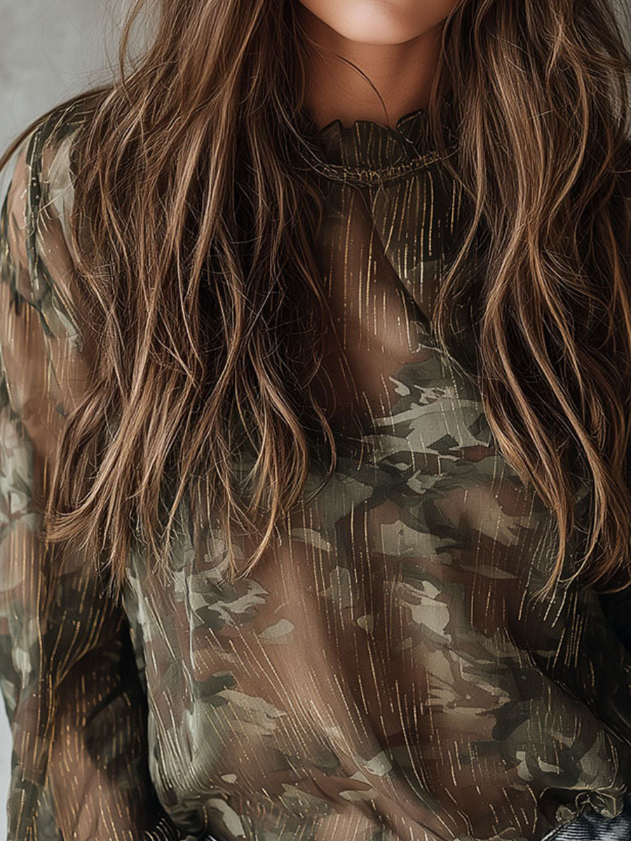Boho Sheer Camo Chiffon Blouse With Metallic Thread Detail