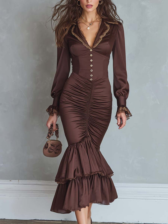 Vintage Lace Trim Peaked Lapel Polyester Satin Midi Dress