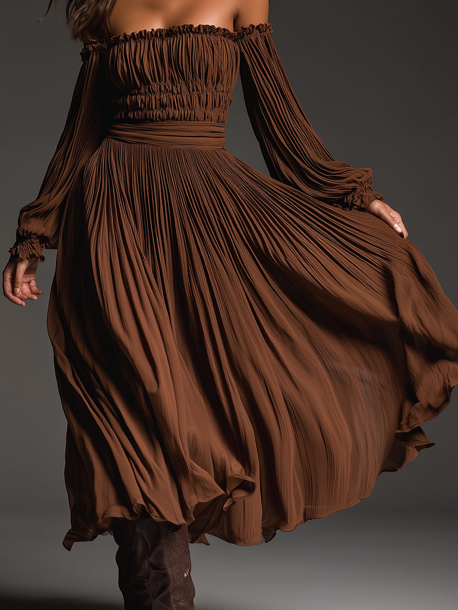 Retro One-shoulder Holiday Pleated Chiffon Midi Dress