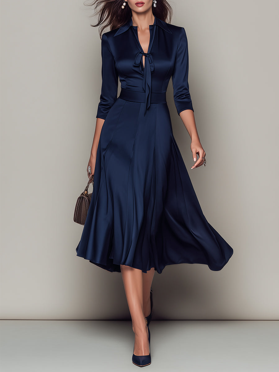 Elegant Neckline Tie-detail Satin Midi Dress