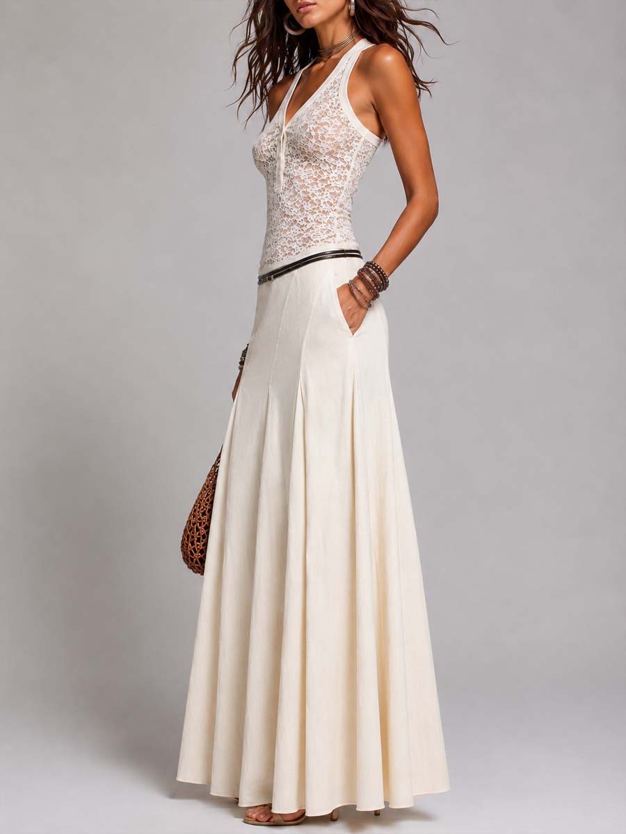 Vintage Neck Lace Tank Top & Pleated Maxi Skirt Two Piece Set