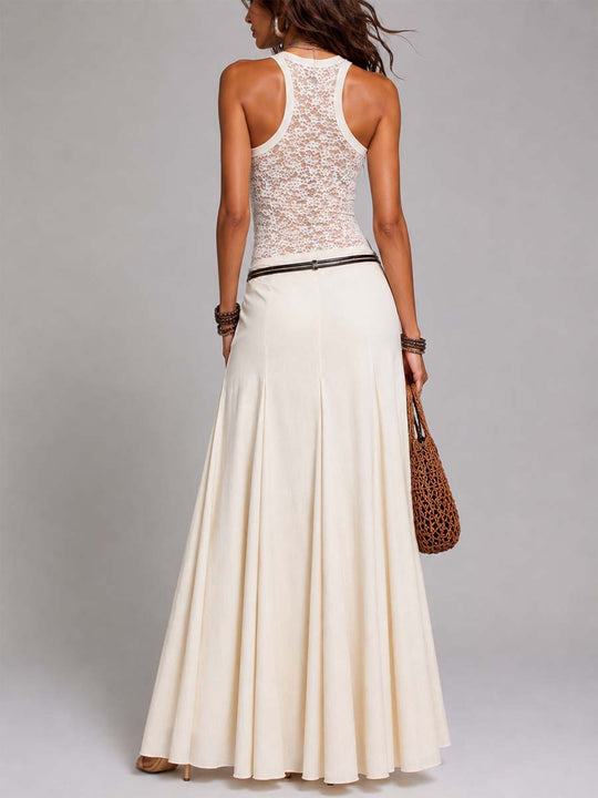 Vintage Neck Lace Tank Top & Pleated Maxi Skirt Two Piece Set