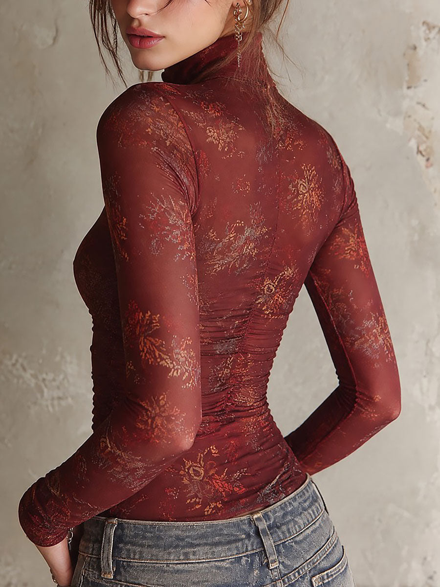 Burgundy Floral Print Mesh Stand Collar Zip-Up T-shirt with Ruched Front