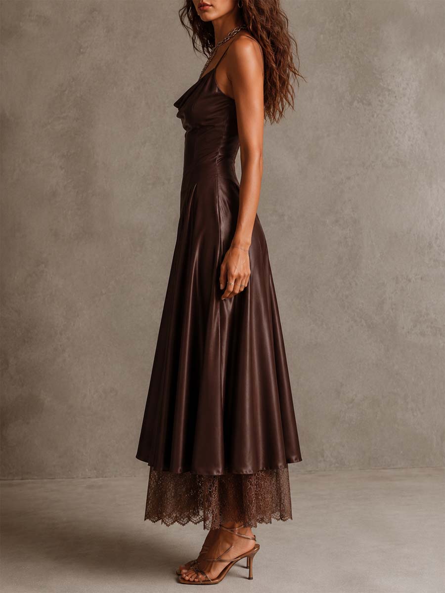 Elegant Draped Cowl Neck Satin Spaghetti Strap Midi Dress With Lace Hem Underlayer