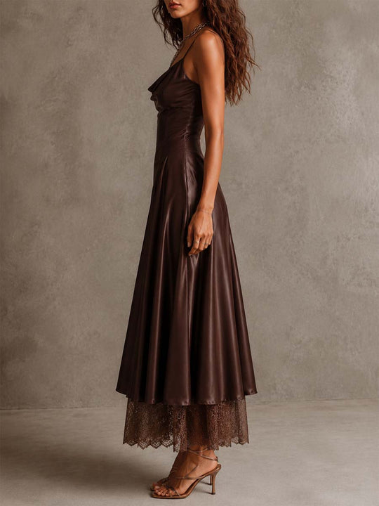 Elegant Draped Cowl Neck Satin Spaghetti Strap Midi Dress With Lace Hem Underlayer